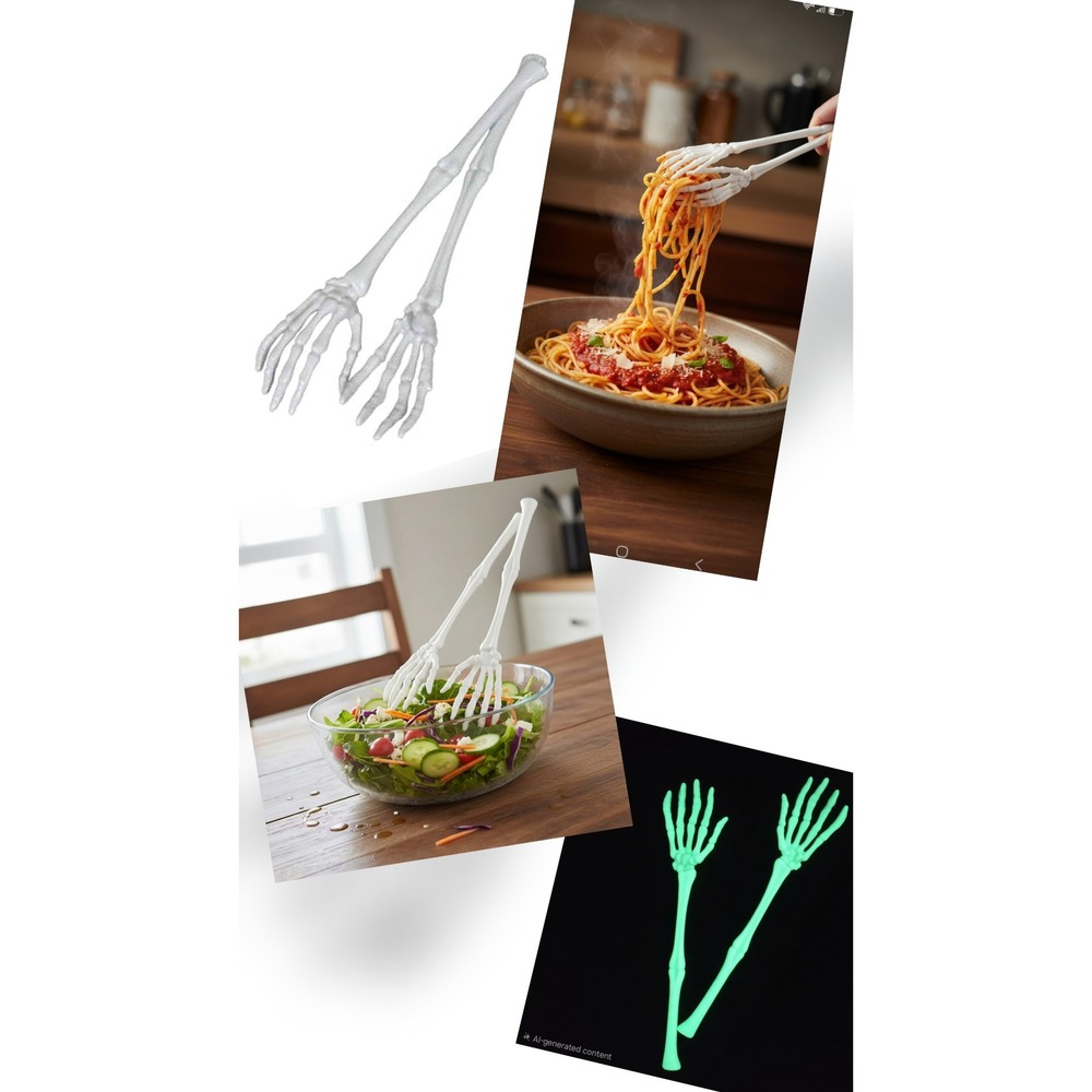 Glow in the Dark Skeleton Hand Tongs Halloween Serving Utensils Set White